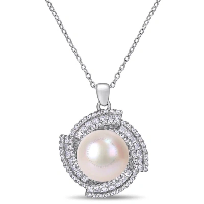 Amour 12-12.5 Mm Cultured Freshwater Pearl And 1 5/8 Ct Tgw Cubic Zirconia Geometric Necklace In Ste In White