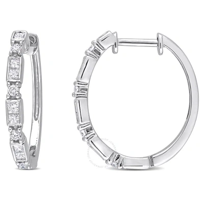 Amour 1/2 Ct Tdw Princess & Round Diamond Hoop Earrings In 14k White Gold In Metallic