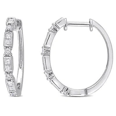 Pre-owned Amour 1/2 Ct Tdw Princess & Round Diamond Hoop Earrings In 14k White Gold