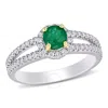 AMOUR AMOUR 1/2 CT TGW EMERALD AND 1/2 CT TW DIAMOND HALO SPLIT SHANK ENGAGEMENT RING IN 14K WHITE AND YEL