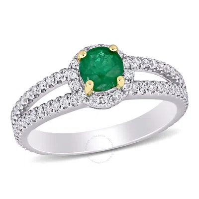 Amour 1/2 Ct Tgw Emerald And 1/2 Ct Tw Diamond Halo Split Shank Engagement Ring In 14k White And Yel In Metallic