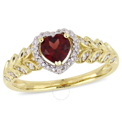Amour 1/2 Ct Tgw Garnet And Diamond Halo Heart Ring In 10k Yellow Gold In Red