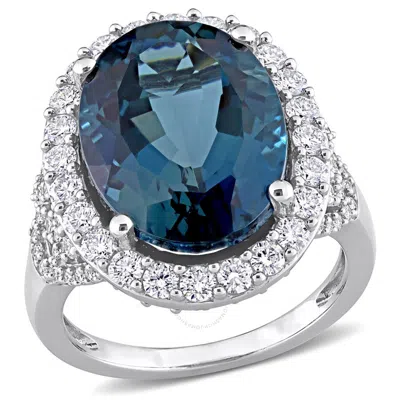 Amour 12 Ct Tgw Oval London Blue Topaz And 1 2/5 Ct Tw Diamond Halo Ring In 14k White Gold