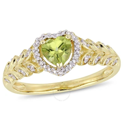Amour 1/2 Ct Tgw Peridot And Diamond Halo Heart Ring In 10k Yellow Gold
