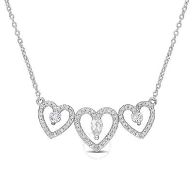 Amour 1/2 Ct Tgw White Topaz And 1/5 Ct Tdw Diamond Triple Heart Necklace In Sterling Silver In Metallic