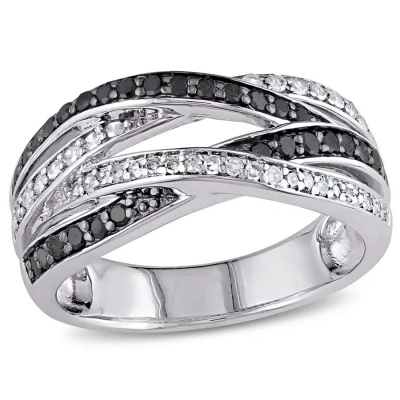 Amour 1/2 Ct Tw Black And White 4-row Diamond Crossover Anniversary Band In Sterling Silver With Bla In Black / Rhodium / Silver / White