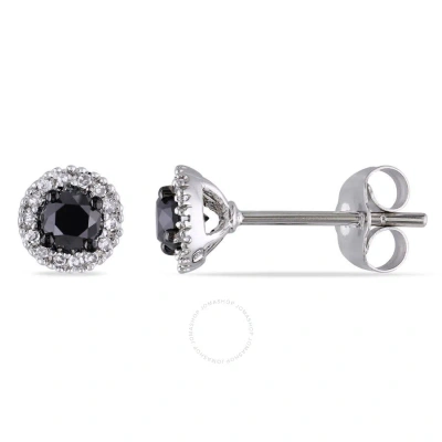 Amour 1/2 Ct Tw Black And White Halo Diamond Stud Earrings In 14k White Gold In Metallic