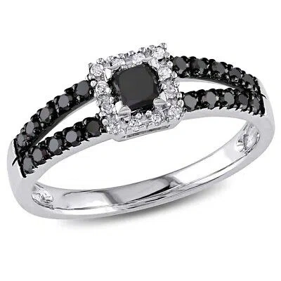 Pre-owned Amour 1/2 Ct Tw Black And White Princess Cut Halo Diamond Engagement Ring In 10k