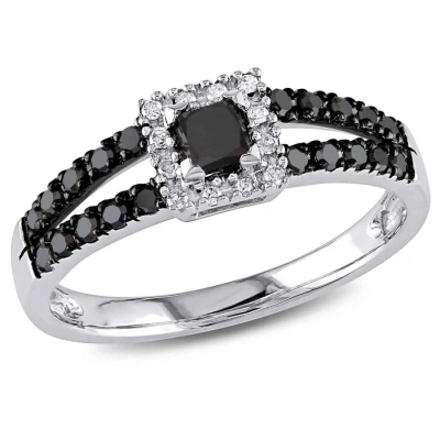 Amour 1/2 Ct Tw Black And White Princess Cut Halo Diamond Engagement Ring In 10k White Gold