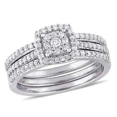 Pre-owned Amour 1/2 Ct Tw Diamond Cluster 3-piece Bridal Set In 14k White Gold In Check Description