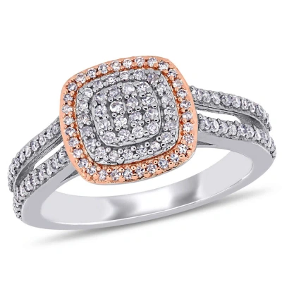 Amour 1/2 Ct Tw Diamond Grid Halo Ring In 2-tone Rose And White Sterling Silver In Two-tone