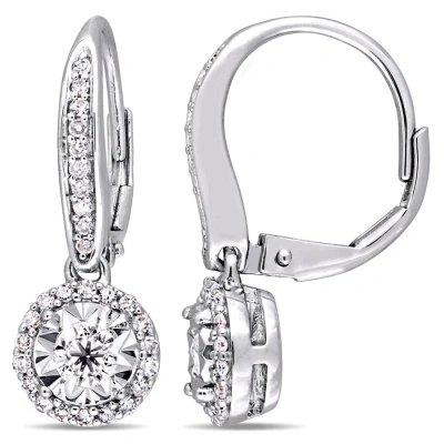 Amour 1/2 Ct Tw Diamond Halo Circular Leverback Earrings In Sterling Silver In White