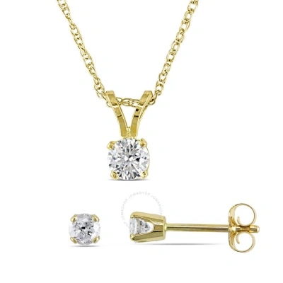 Amour 1/2 Ct Tw Diamond Solitaire Pendant With Chain And Stud Earrings 2-piece Set In 14k Yellow Gol In Gray