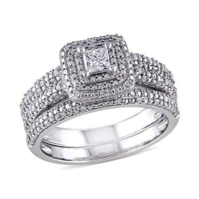 Amour 1/2 Ct Tw Princess Cut Halo Diamond Bridal Set In 14k White Gold In Gold / White