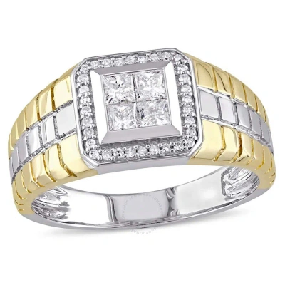 Amour 1/2 Ct Tw Princess Cut Quad And Round Diamond Men's Ring In 2-tone Yellow And White 10k Gold In Gold / White / Yellow