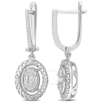 Amour 1/2ct Tdw Parallel Baguette And Round-shaped Diamonds Halo Drop Huggie Earrings In 14k White G In Metallic