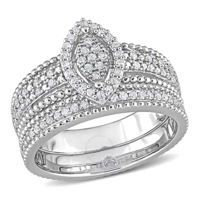 Amour 1/3 Ct Tdw Diamond Marquise Shape Cluster Bridal Set In Sterling Silver In Metallic