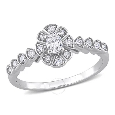 Amour 1/3 Ct Tdw Oval And Round Diamond Vintage Engagement Ring In 14k White Gold In Metallic