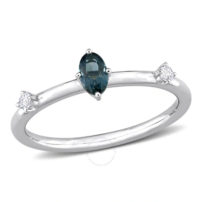 Amour 1/3 Ct Tgw Oval London Blue Topaz And White Topaz Stackable Ring In 10k White Gold