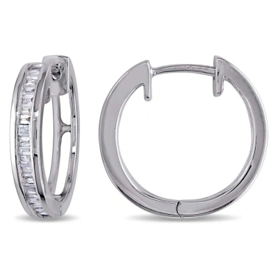 Amour 1/3 Ct Tw Baguette Channel Set Diamond Hoop Earrings In Sterling Silver In Silver / White