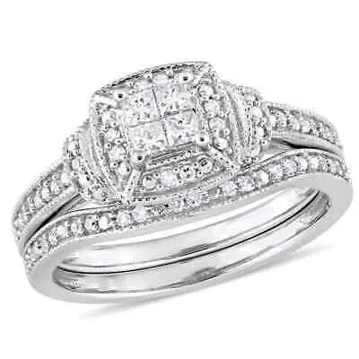 Pre-owned Amour 1/3 Ct Tw Diamond Halo Vintage Bridal Set In 10k White Gold