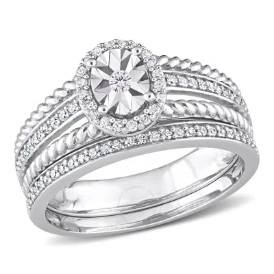 Amour 1/3 Ct Tw Diamond Oval Bridal Ring Set In Sterling Silver In Metallic