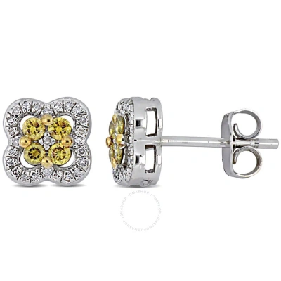 Amour 1/3 Ct Tw Yellow And White Diamond Clover Stud Earrings In Sterling Silver In Metallic