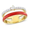 AMOUR AMOUR 1/3CT TDW HEART AND ROUND-SHAPED DIAMONDS RED ENAMEL DOUBLE ROW RING IN 14K YELLOW GOLD