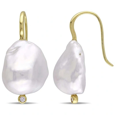 Amour 14-14.5 Mm Cultured Freshwater Baroque Pearl And Diamond Hook Earrings In 14k Yellow Gold