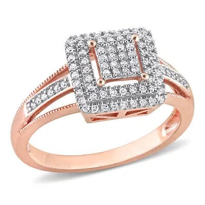 Pre-owned Amour 1/4 Ct Tdw Diamond Double Halo Square Cluster Split Shank Ring In 10k Rose In Pink