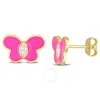 AMOUR AMOUR 1/4 CT TGW CREATED WHITE SAPPHIRE BUTTERFLY PINK ENAMEL STUD EARRINGS IN YELLOW PLATED STERLIN