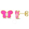 Amour 1/4 Ct Tgw Created White Sapphire Butterfly Pink Enamel Stud Earrings In Yellow Plated Sterlin In Yellow