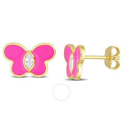 Amour 1/4 Ct Tgw Created White Sapphire Butterfly Pink Enamel Stud Earrings In Yellow Plated Sterlin