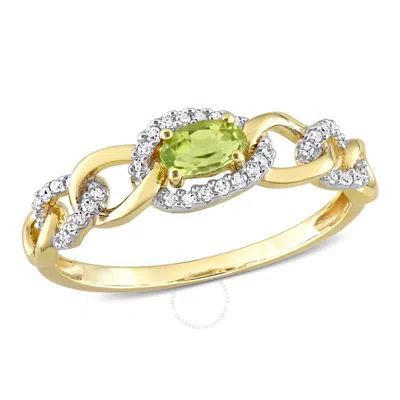 Amour 1/4 Ct Tgw Peridot And 1/8 Ct Tdw Diamond Mini Oval Link Ring In 10k Yellow Gold