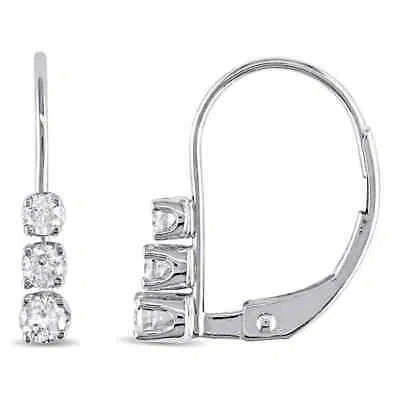 Pre-owned Amour 1/4 Ct Tw 3 Stone Diamond Leverback Earrings In 14k White Gold
