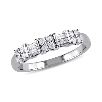 Amour 1/4 Ct Tw Baguette And Round Diamond Anniversary Band In 10k White Gold In Metallic