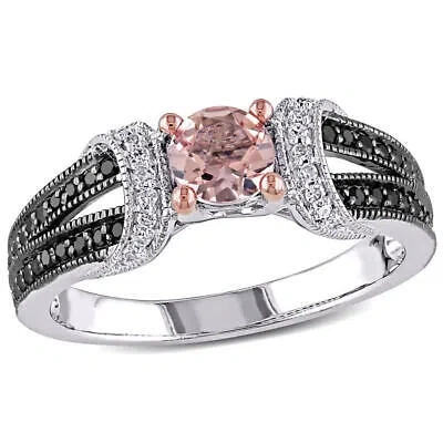 Pre-owned Amour 1/4 Ct Tw Black And White Diamond And Morganite Split Shank Engagement