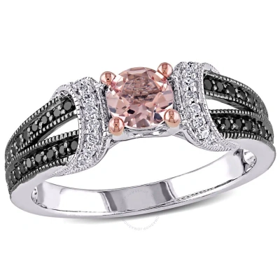 Amour 1/4 Ct Tw Black And White Diamond And Morganite Split Shank Engagement Ring In Sterling Silver In Metallic