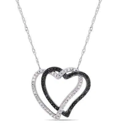 Pre-owned Amour 1/4 Ct Tw Black And White Diamond Double Open Heart Necklace In 10k White