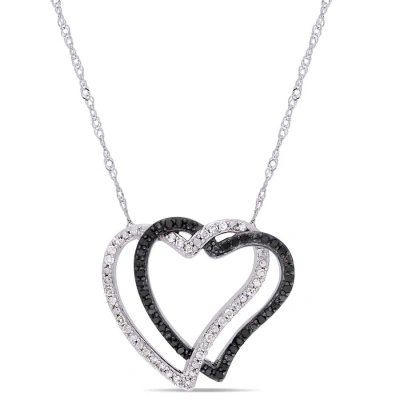 Amour 1/4 Ct Tw Black And White Diamond Double Open Heart Necklace In 10k White Gold With Black Rhod In Metallic