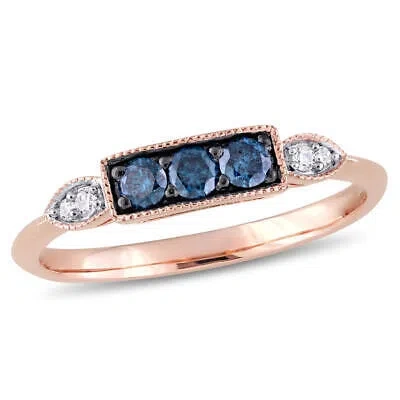 Pre-owned Amour 1/4 Ct Tw Blue And White Diamond 3-stone Ring In 10k Rose Gold