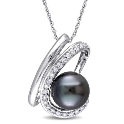 Amour 1/4 Ct Tw Diamond And 9 - 9.5 Mm Black Tahitian Pearl Curlicue Pendant With Chain In 10k White