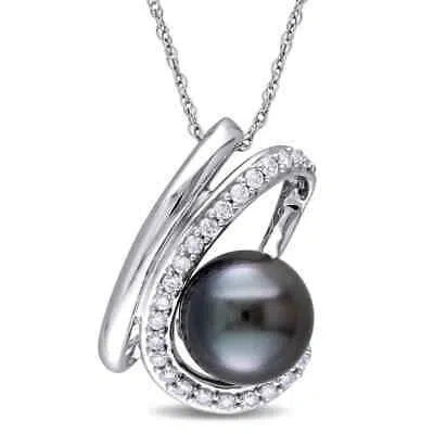 Pre-owned Amour 1/4 Ct Tw Diamond And 9 - 9.5 Mm Black Tahitian Pearl Curlicue Pendant In White