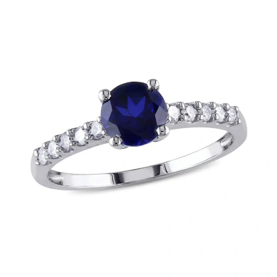 Amour 1/4 Ct Tw Diamond And Created Blue Sapphire Beaded Engagement Ring In 10k White Gold In Blue / Gold / White