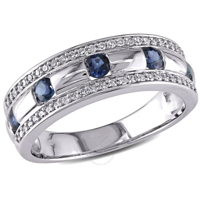 Amour 1/4 Ct Tw Diamond And Sapphire Anniversary Band In 10k White Gold In Blue