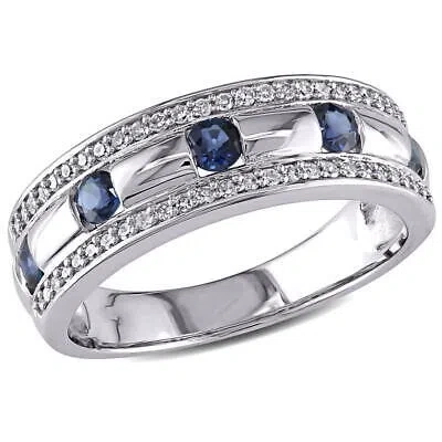 Pre-owned Amour 1/4 Ct Tw Diamond And Sapphire Anniversary Band In 10k White Gold