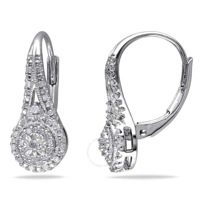 Amour 1/4 Ct Tw Diamond Halo Leverback Earrings In Sterling Silver In Silver / White