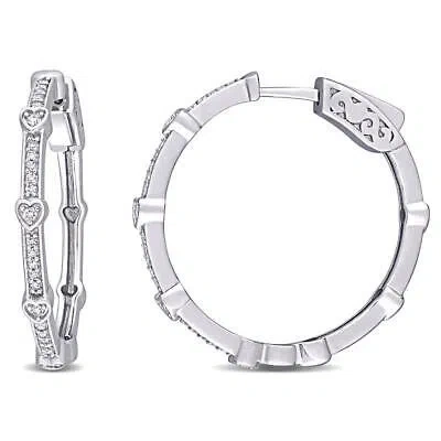 Pre-owned Amour 1/4 Ct Tw Diamond Heart Station Hoop Earrings In 10k White Gold