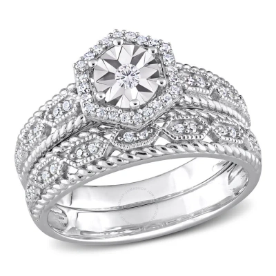 Amour 1/4 Ct Tw Diamond Hexagon Halo Bridal Ring Set In Sterling Silver In White