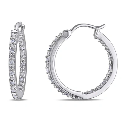 Amour 1/4 Ct Tw Diamond Inside Outside Hoop Earrings In Sterling Silver In Metallic